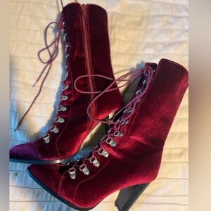 Penny Loves Kenny Velvet Lace-Up Boots - Deep Red